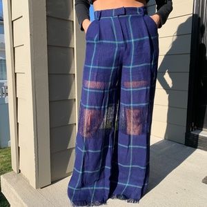 MSGM Milano Blue Plaid Fringe Wide Leg Pan…